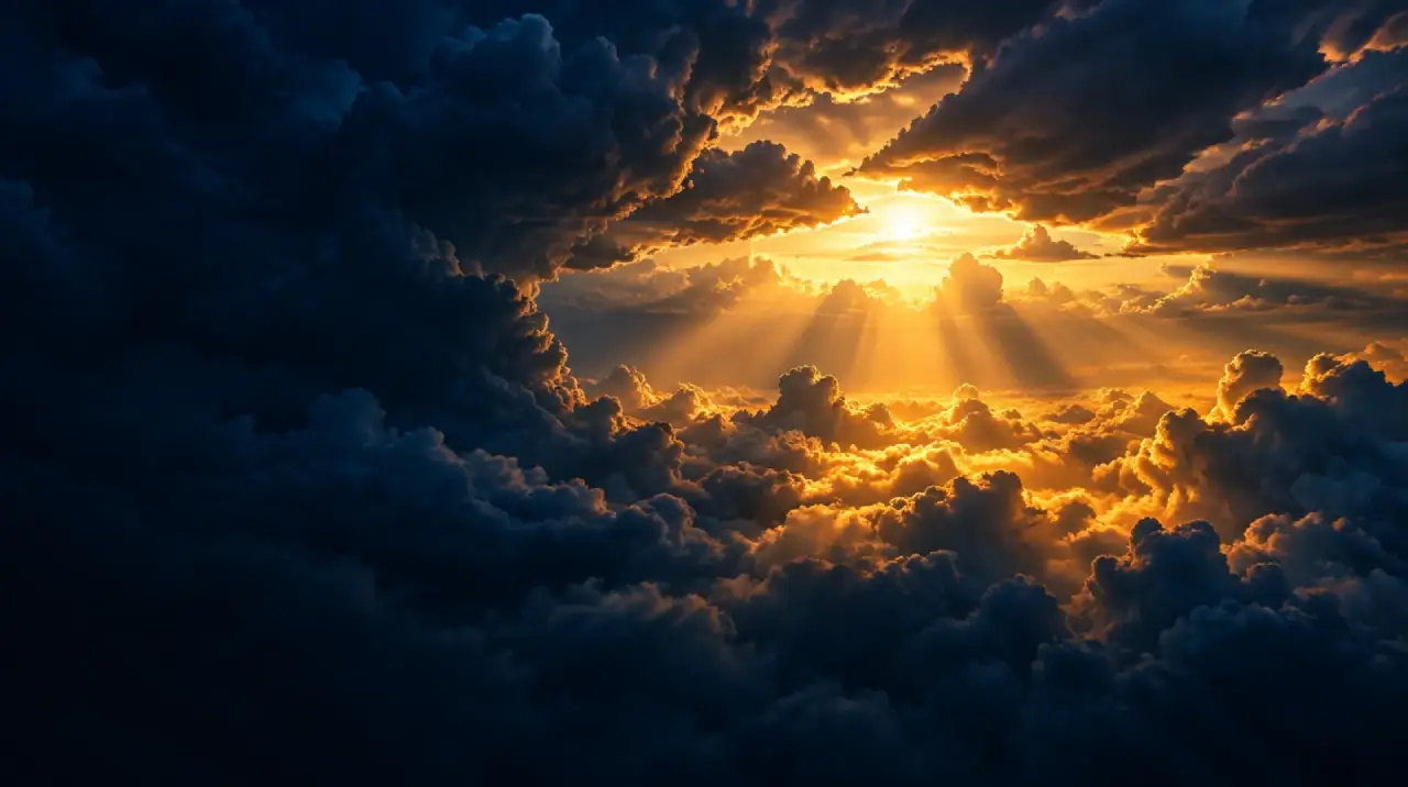 Golden light breaking through dark storm clouds