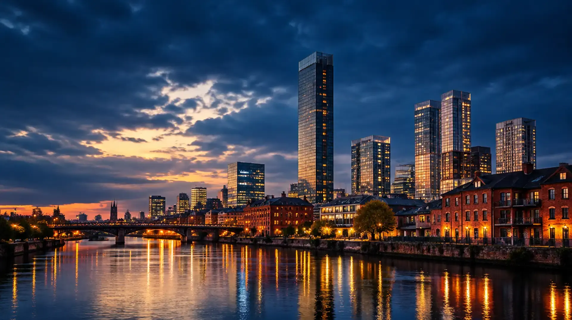 PPC agency Manchester: the Manchester city skyline at dusk across the River Irwell