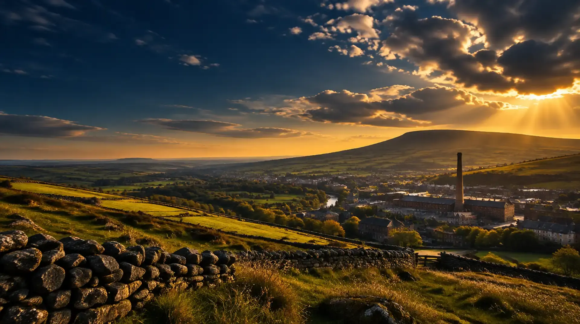PPC agency Lancashire: Pennine moorland above a Lancashire mill town at golden hour