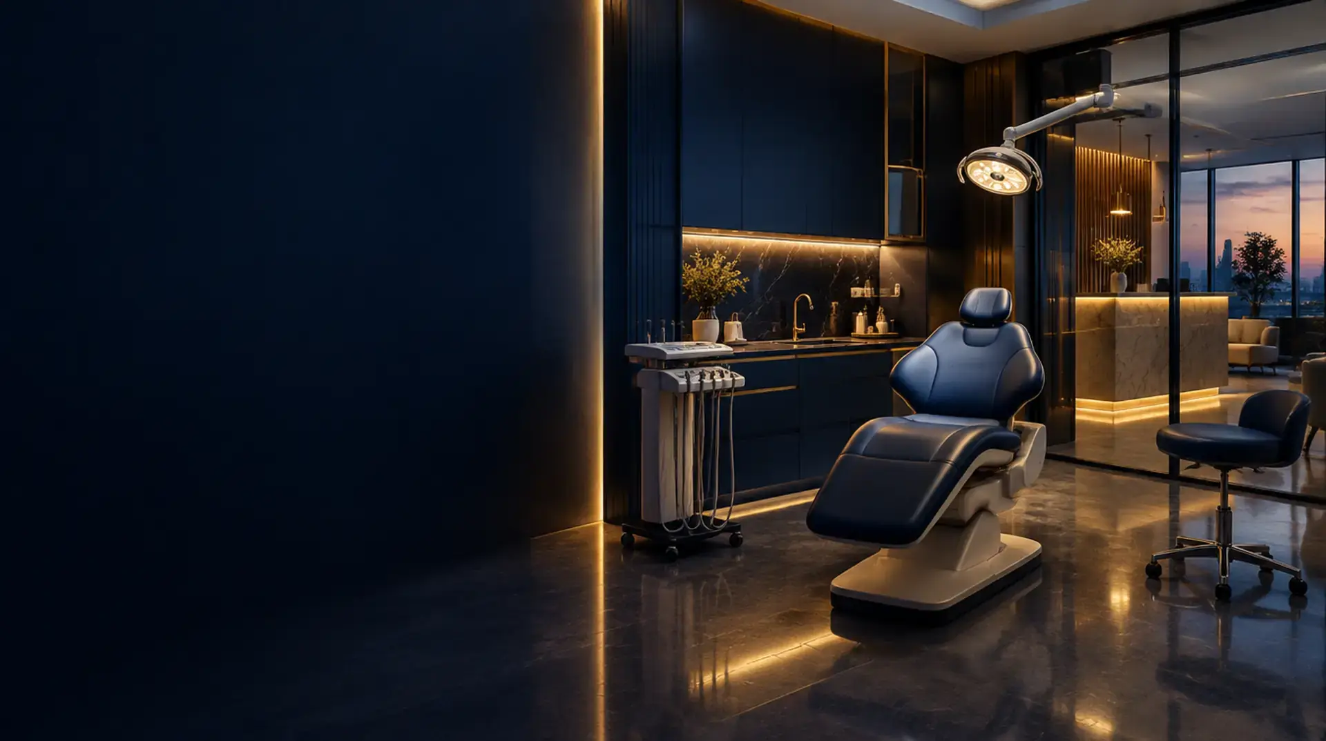 Healthcare marketing agency: a modern private clinic treatment room with a dental chair and warm gold lighting
