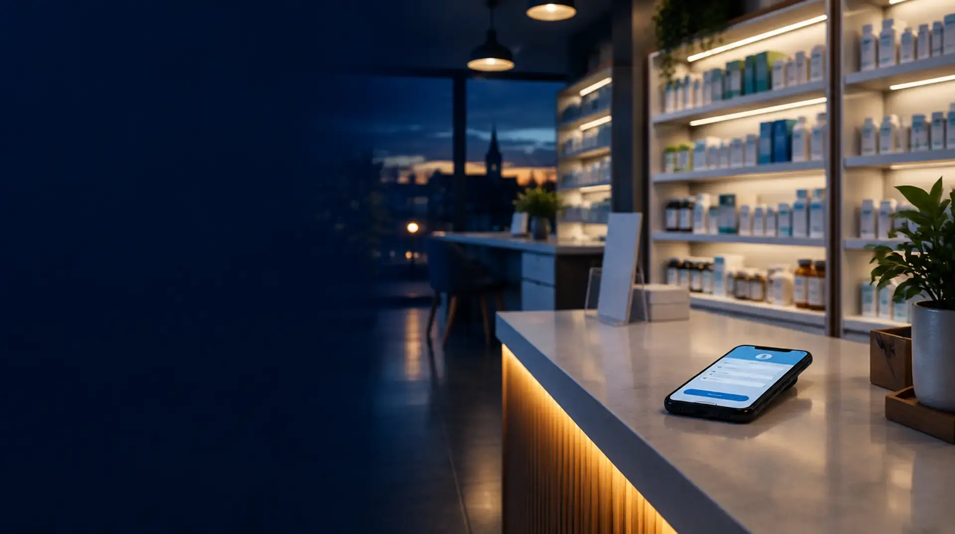 Pharmacy marketing agency: a modern pharmacy counter at dusk with a phone showing an online consultation form