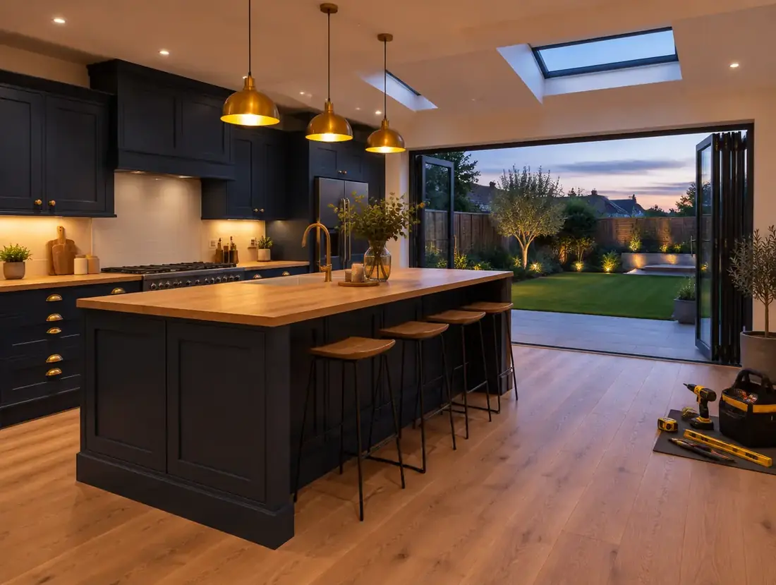 A newly fitted navy kitchen extension with bifold doors open onto a garden