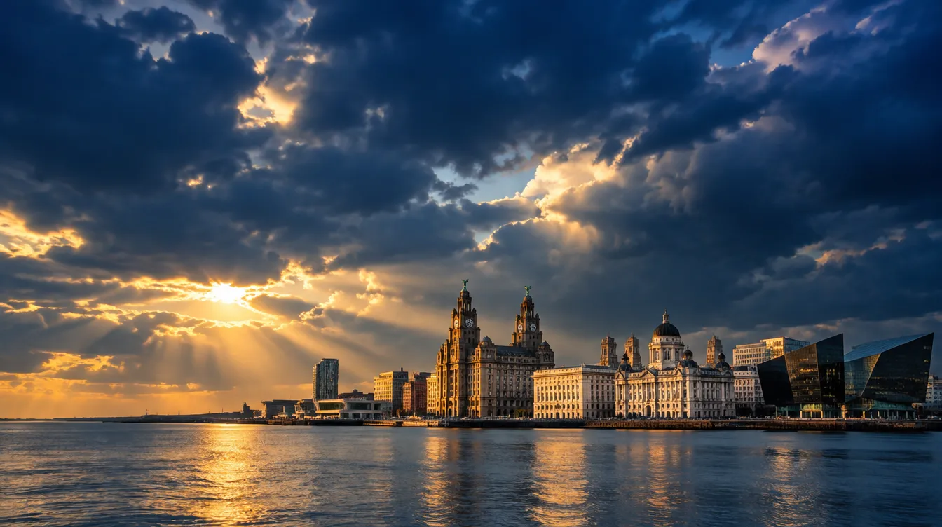 The Liverpool waterfront and the Mann Island buildings at sunset