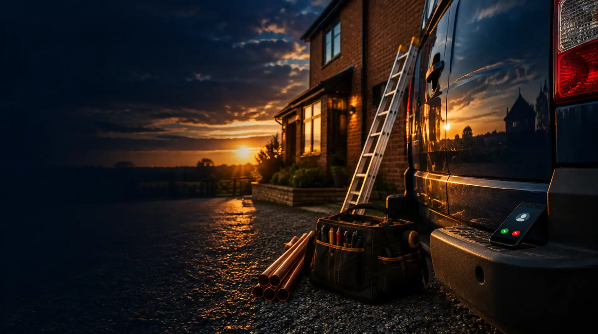 Marketing for tradesmen: a tradesperson's van, ladder and tools outside a renovated house at sunset, with a phone showing an incoming call