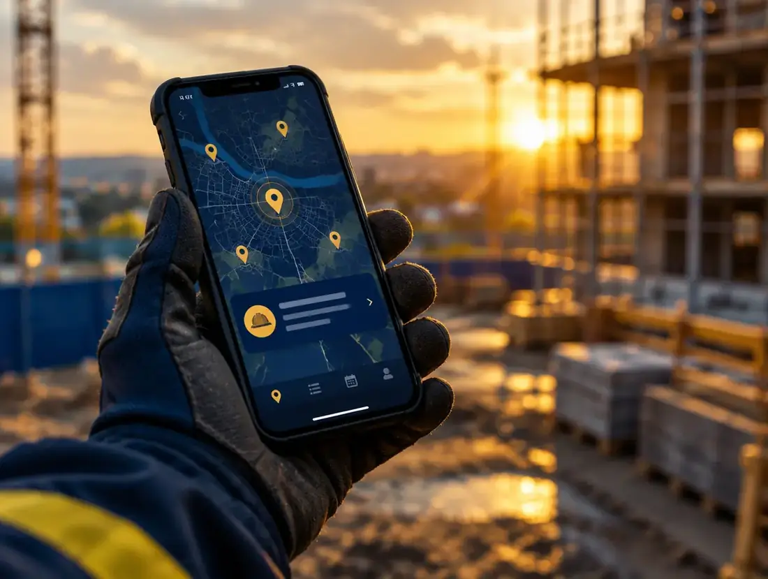 A tradesperson holding a phone showing a map of job locations and a new enquiry
