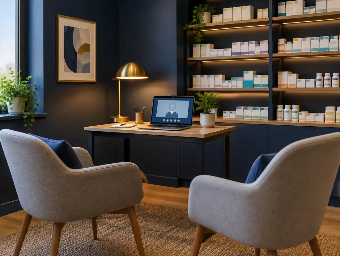 A modern pharmacy consultation room with a laptop ready for a video consultation