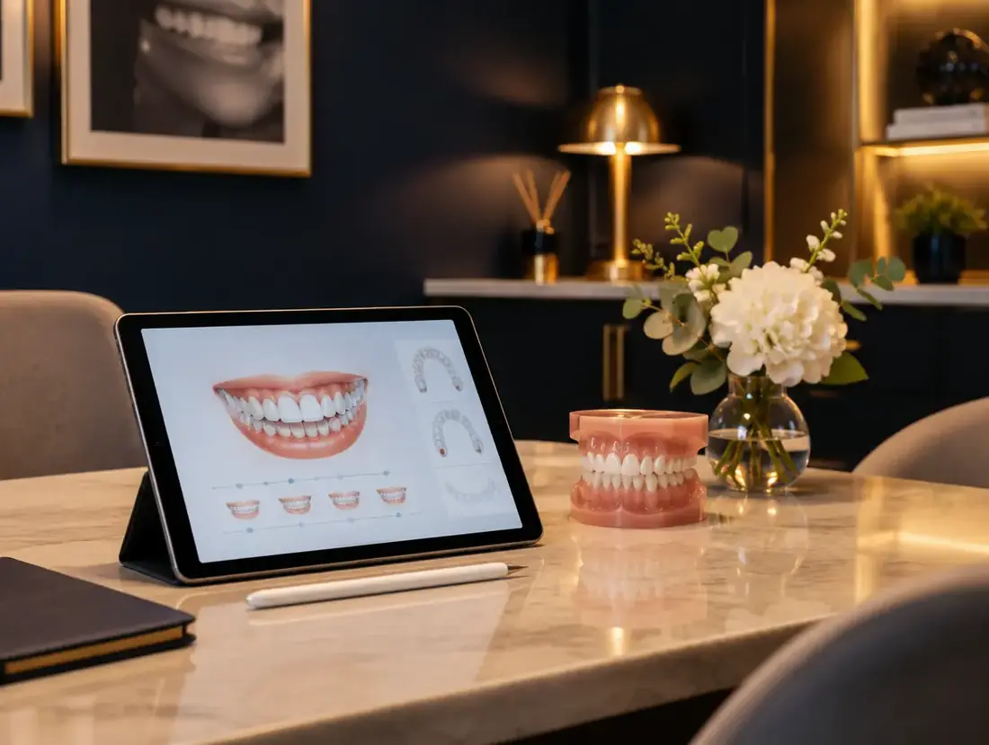 A dental consultation desk with a tablet showing a treatment plan and a dental model