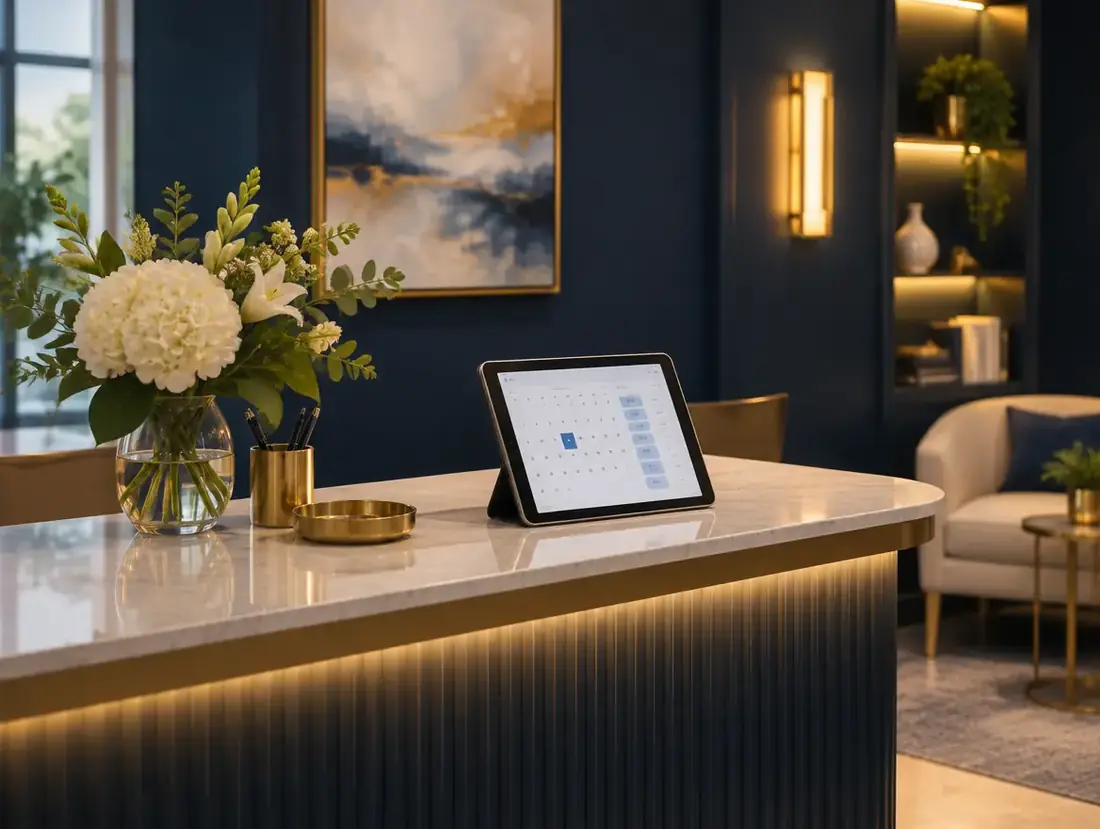 A calm private clinic reception desk with a tablet showing an online booking calendar