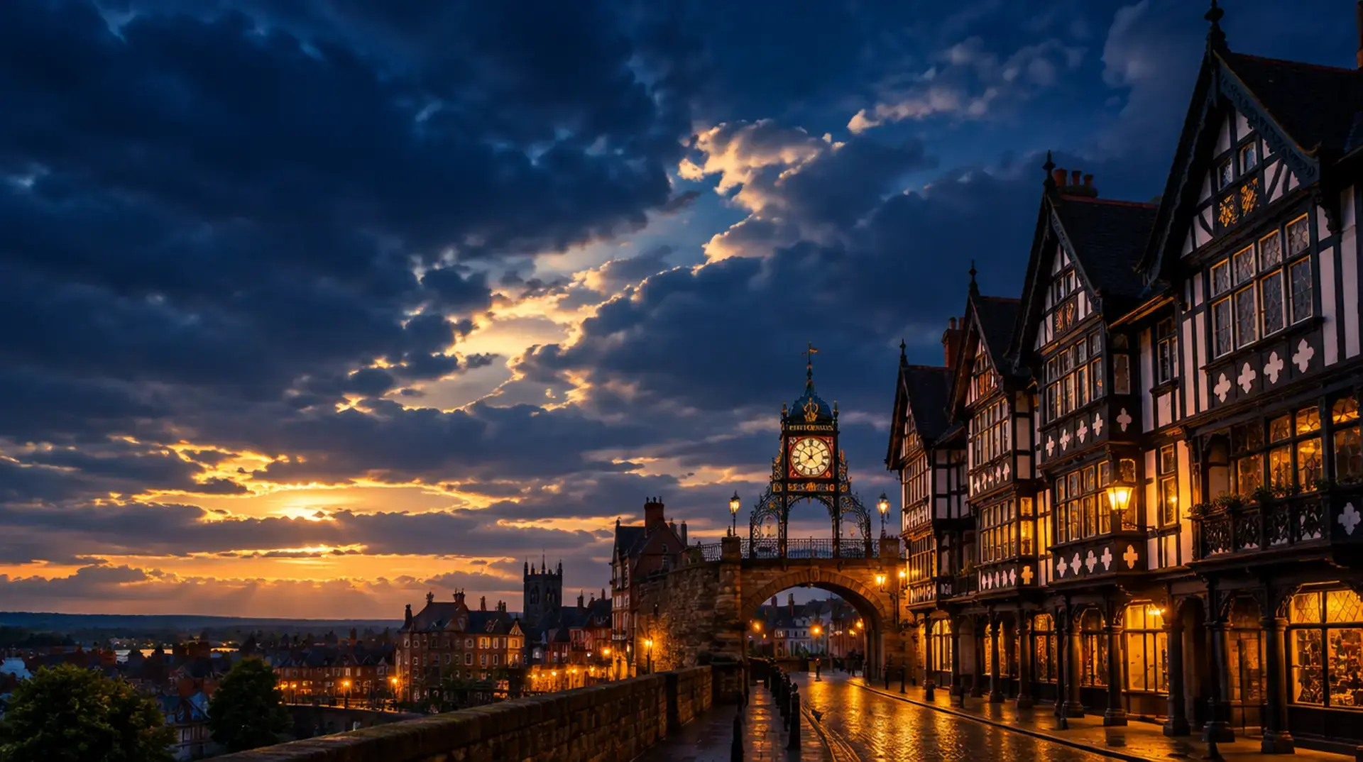 Google Ads agency Cheshire: Chester's Rows and the Eastgate Clock lit at dusk