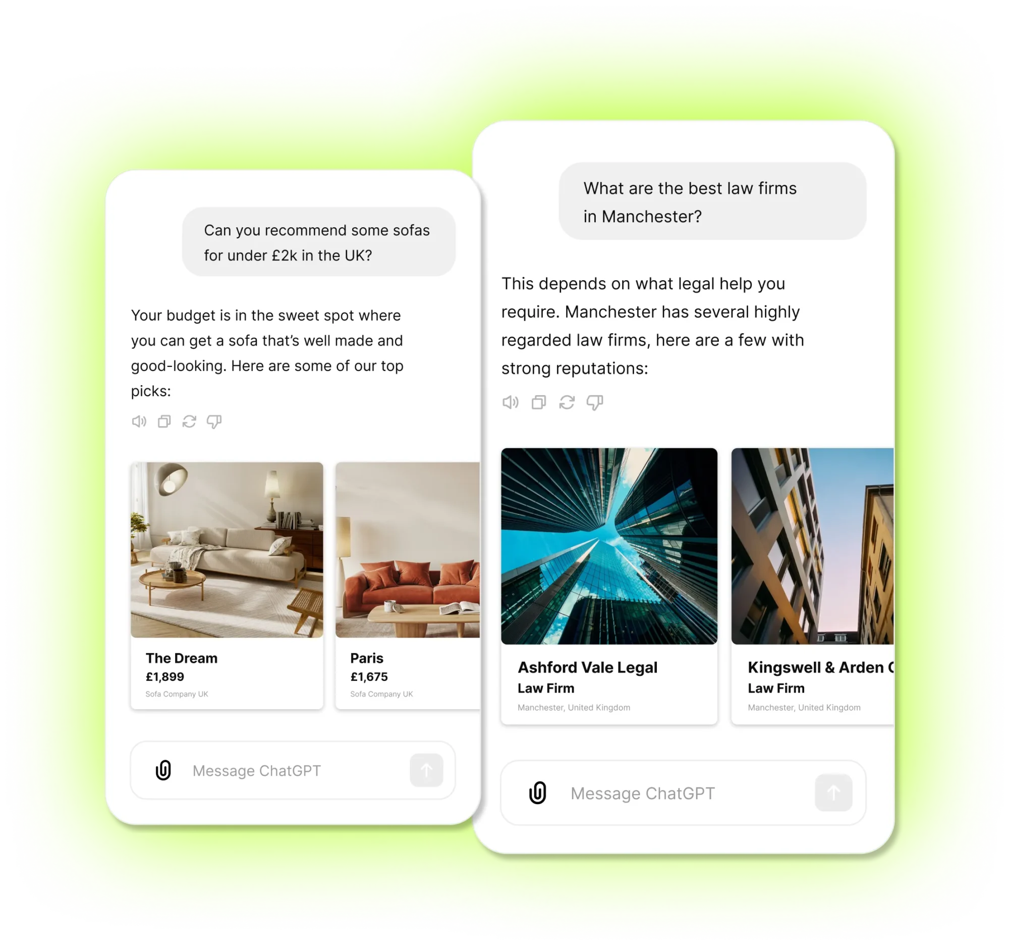 Two ChatGPT conversations showing sponsored product and law firm results