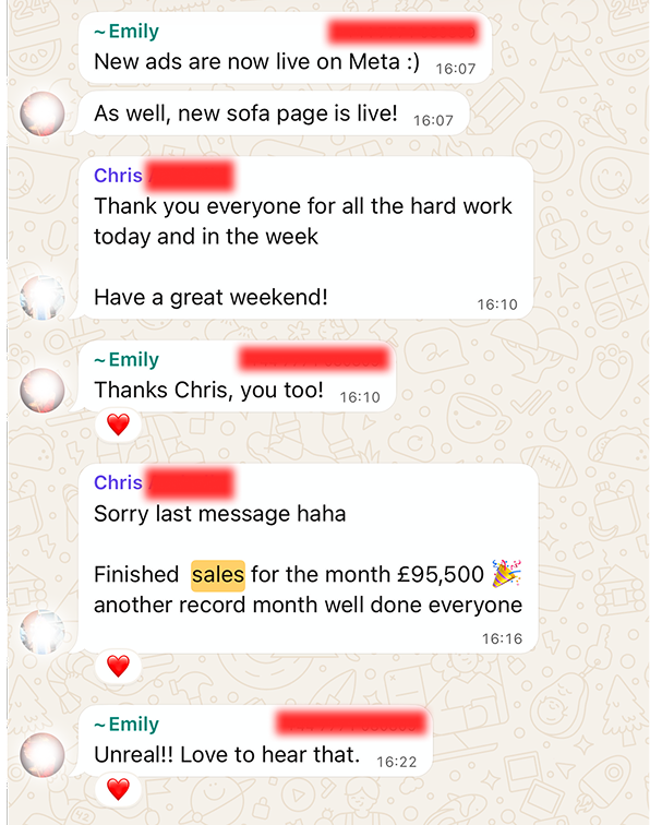 Client conversation showing record monthly sales