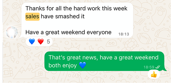 Client conversation celebrating a strong weekend