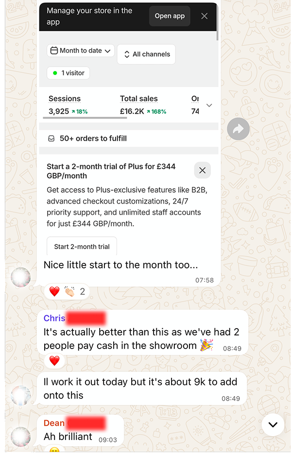 Client conversation showing Shopify sales and showroom payments