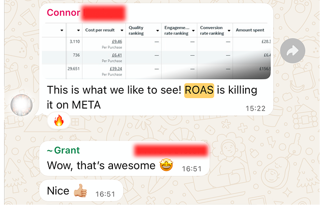 Client conversation celebrating sales growth