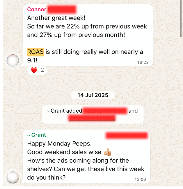 Client conversation about weekly sales and campaigns