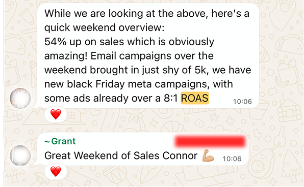 Client conversation celebrating a 24k job landing