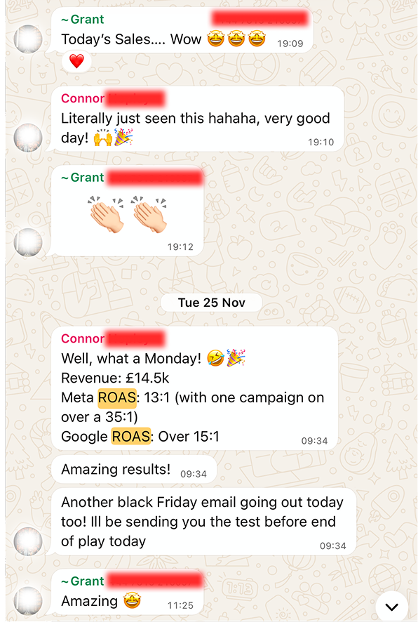 Client conversation celebrating a 170k month