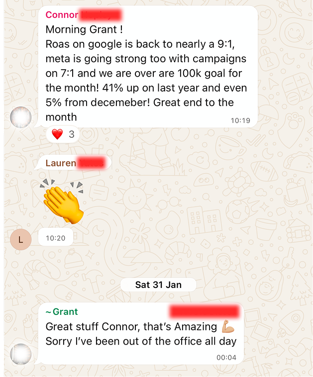 Client conversation celebrating monthly revenue