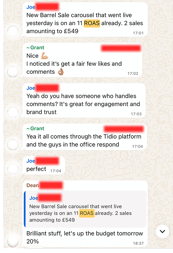 Client conversation about carousel ROAS and engagement