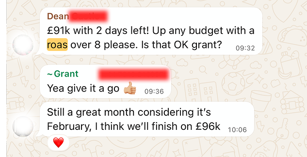 Client conversation about weekend sales and ROAS