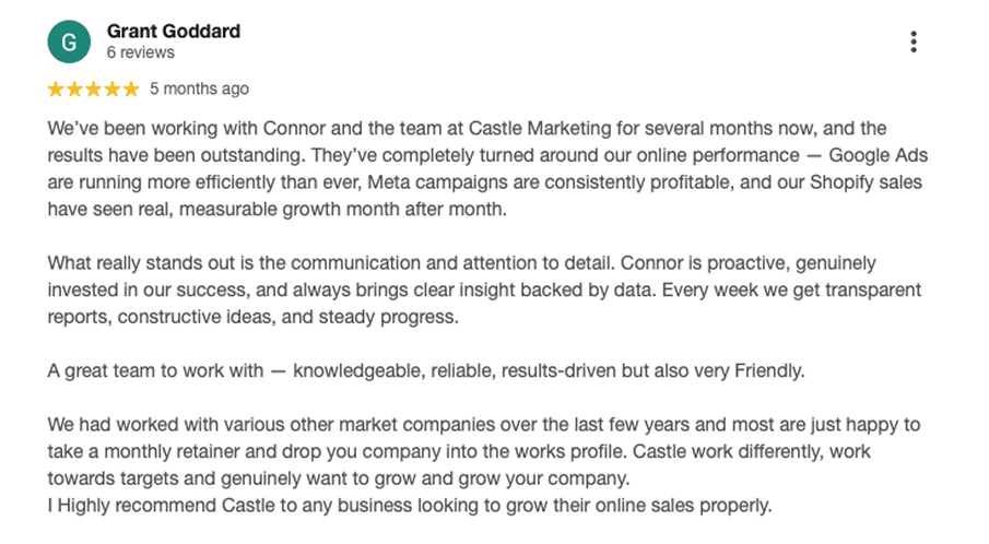 Google review from Grant Goddard