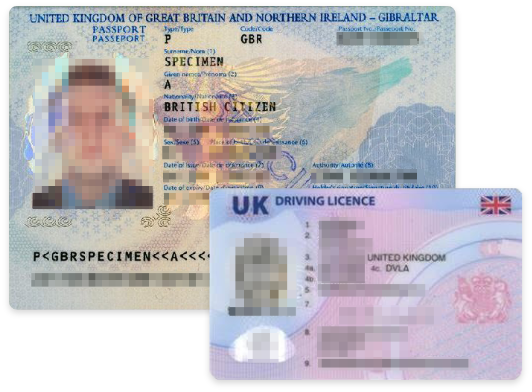 Specimen UK passport and driving licence used for identity checks
