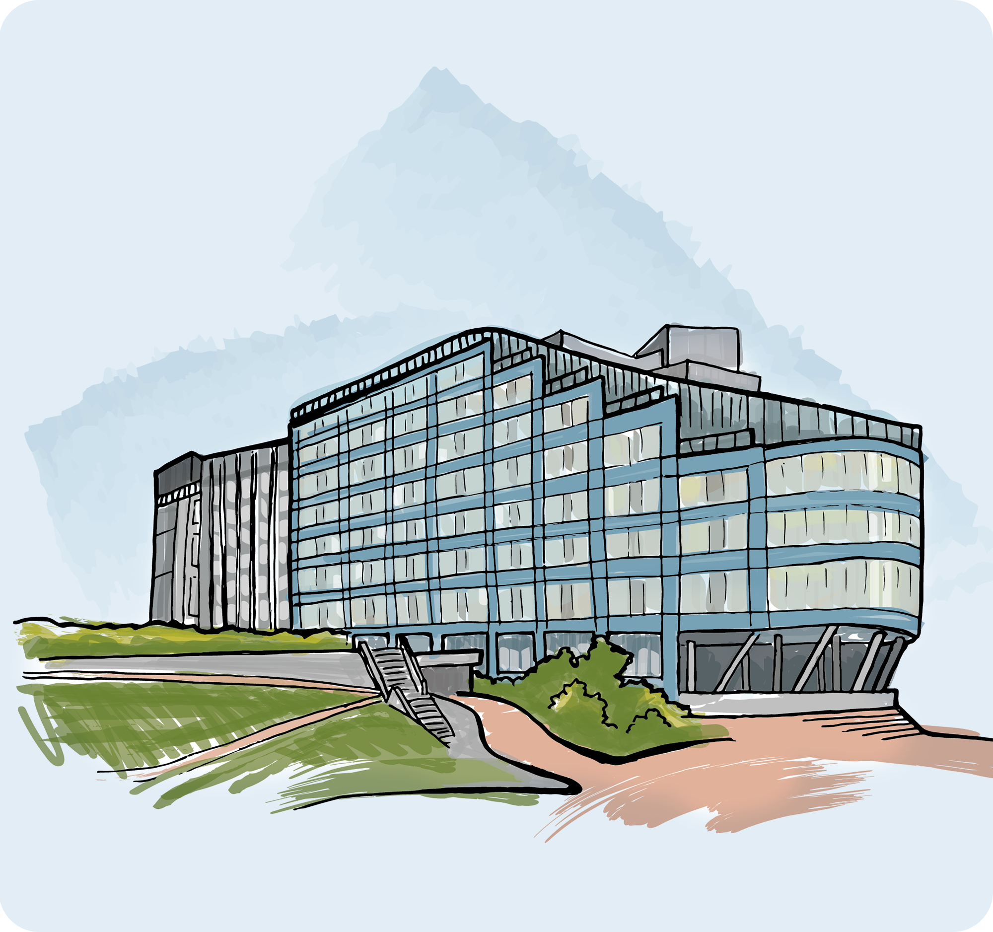 Hand-drawn style illustration of a modern glass office building