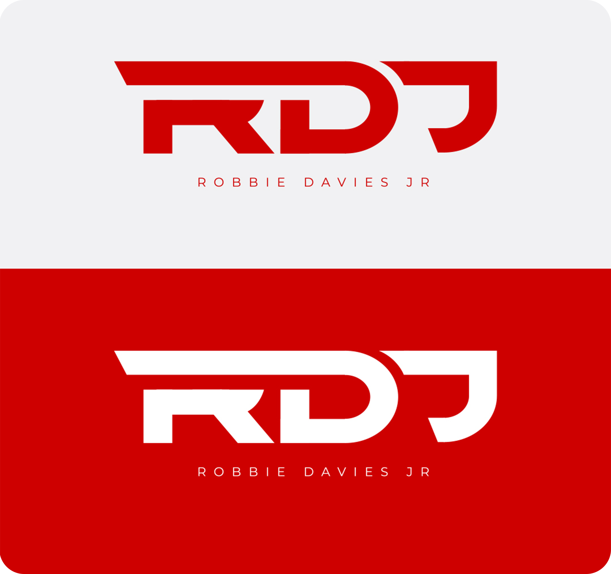 Logo design for Robbie Davies Jr shown in red and white colourways