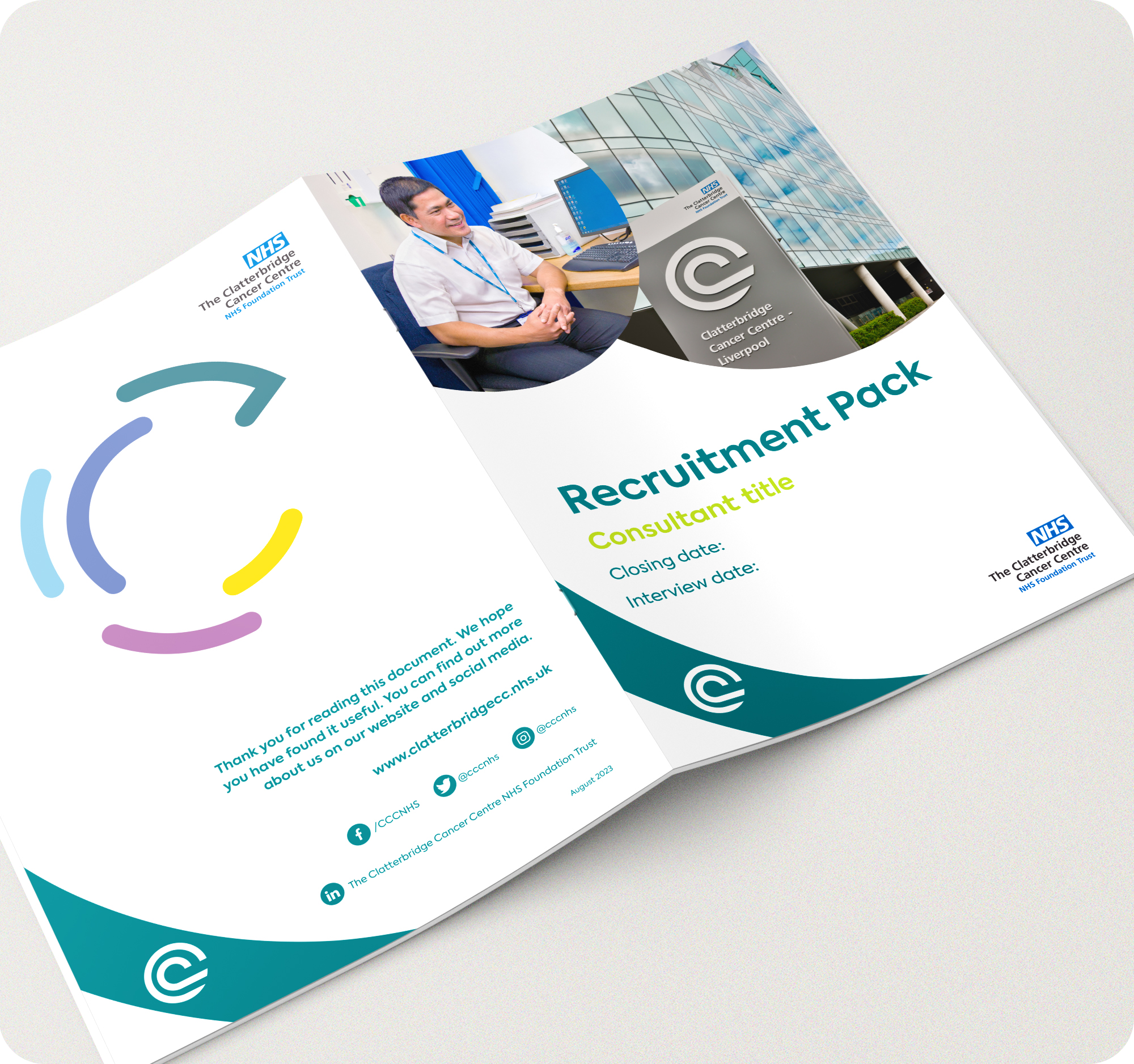 Printed recruitment pack brochure designed for The Clatterbridge Cancer Centre NHS Foundation Trust