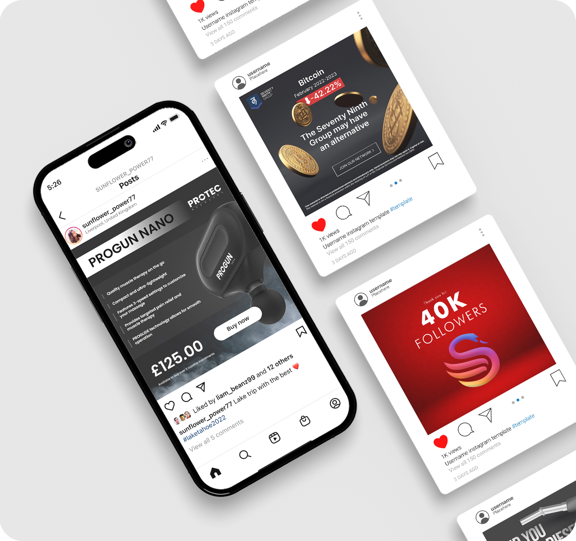 Social media post designs shown on a smartphone alongside Instagram post mockups