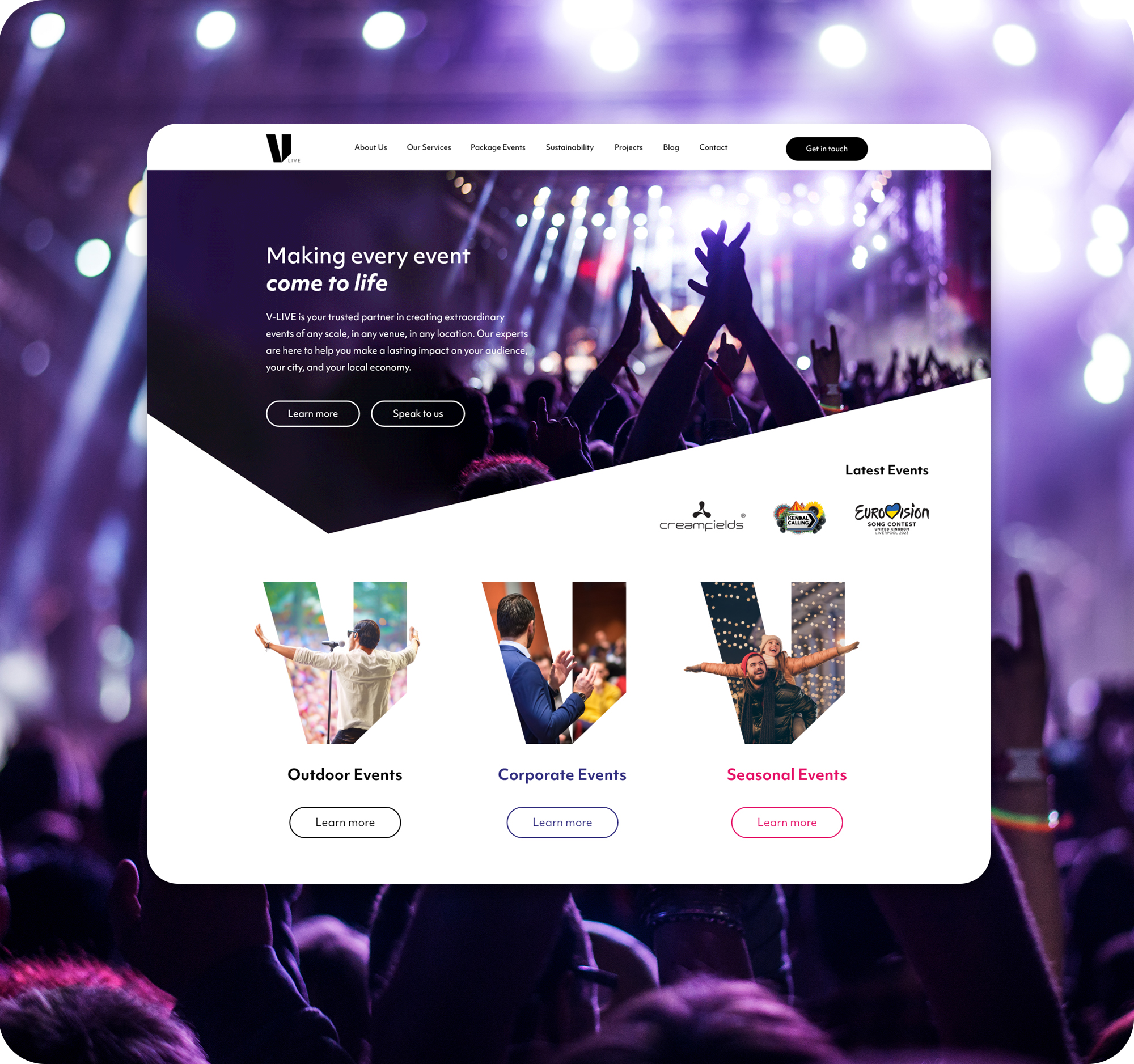 V-LIVE events website homepage design with a concert crowd hero image