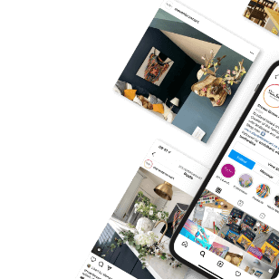 Instagram posts of home interiors shown on a smartphone