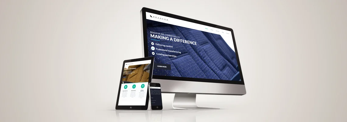 An Apple computer, an iPad and an iPhone all showing the Bradfor website homepage.