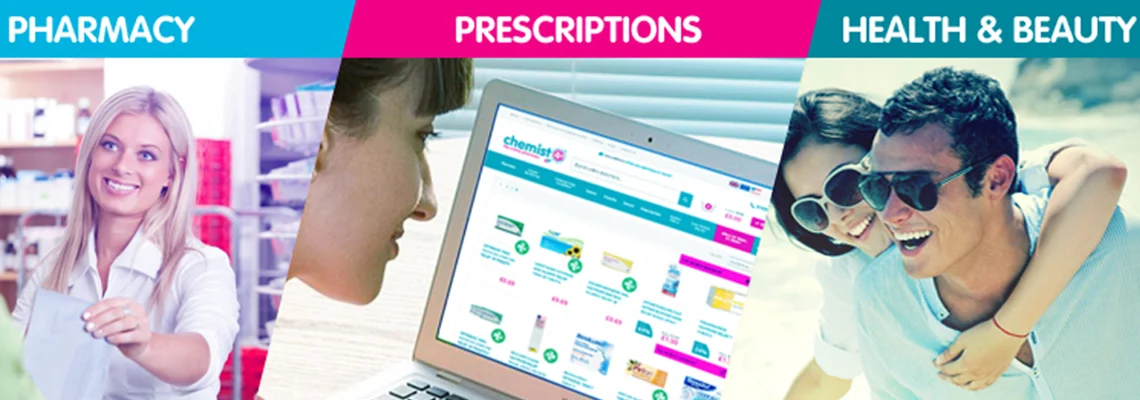 Three images of a pharmacy, prescription and health and beauty.
