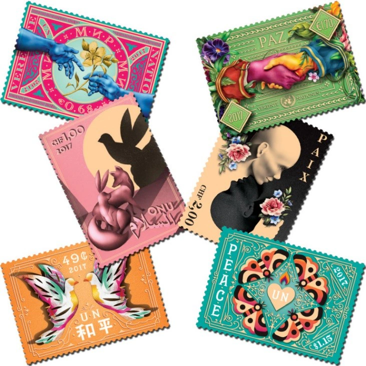 Colourful illustrated United Nations peace postage stamp designs Colourful illustrated United Nations peace postage stamp designs