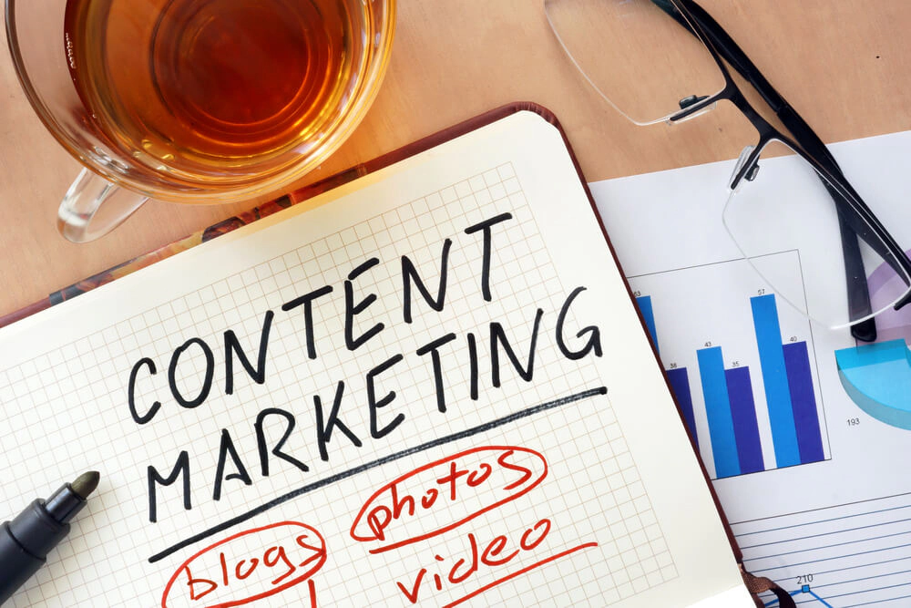 Notepad with content marketing, blogs, photos and video written on it beside tea and charts