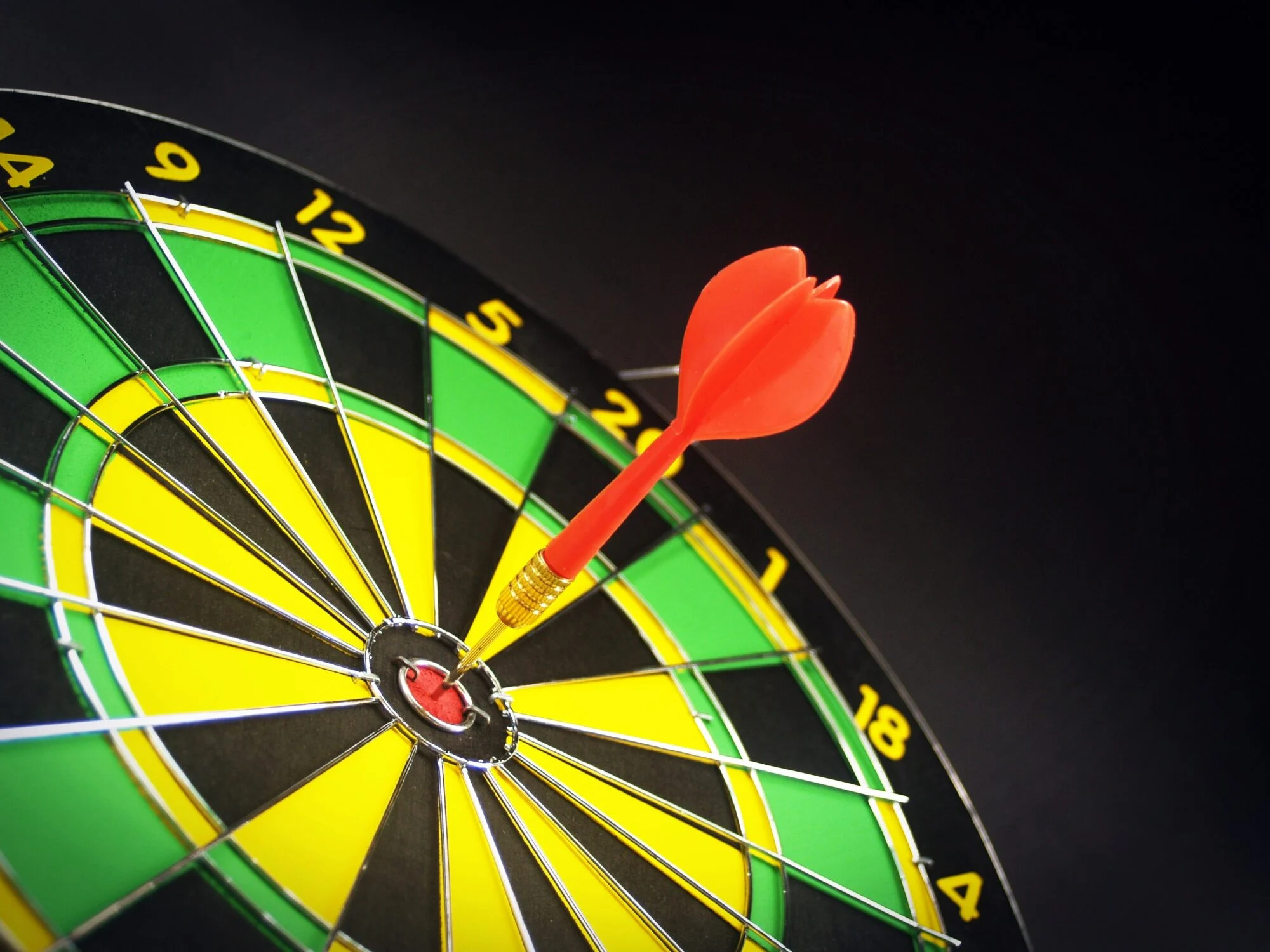 A dart board with a dart hitting the bullseye