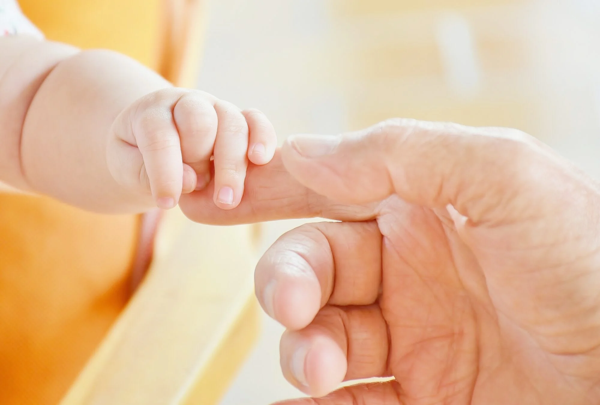 A baby's hand holding the finger of a parent. 