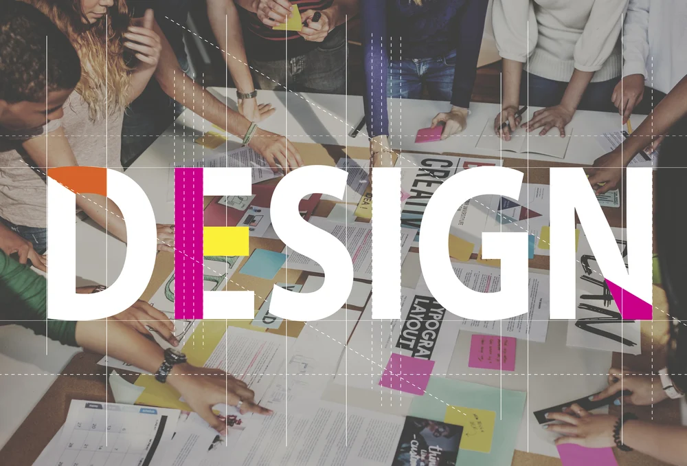 Design graphic with a team of designers working in background