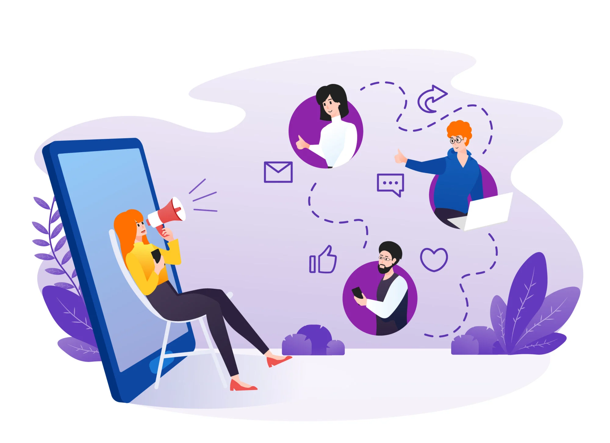 Vector illustration of a woman leaning against a mobile phone with a speaker phone promoting something to a chain of followers