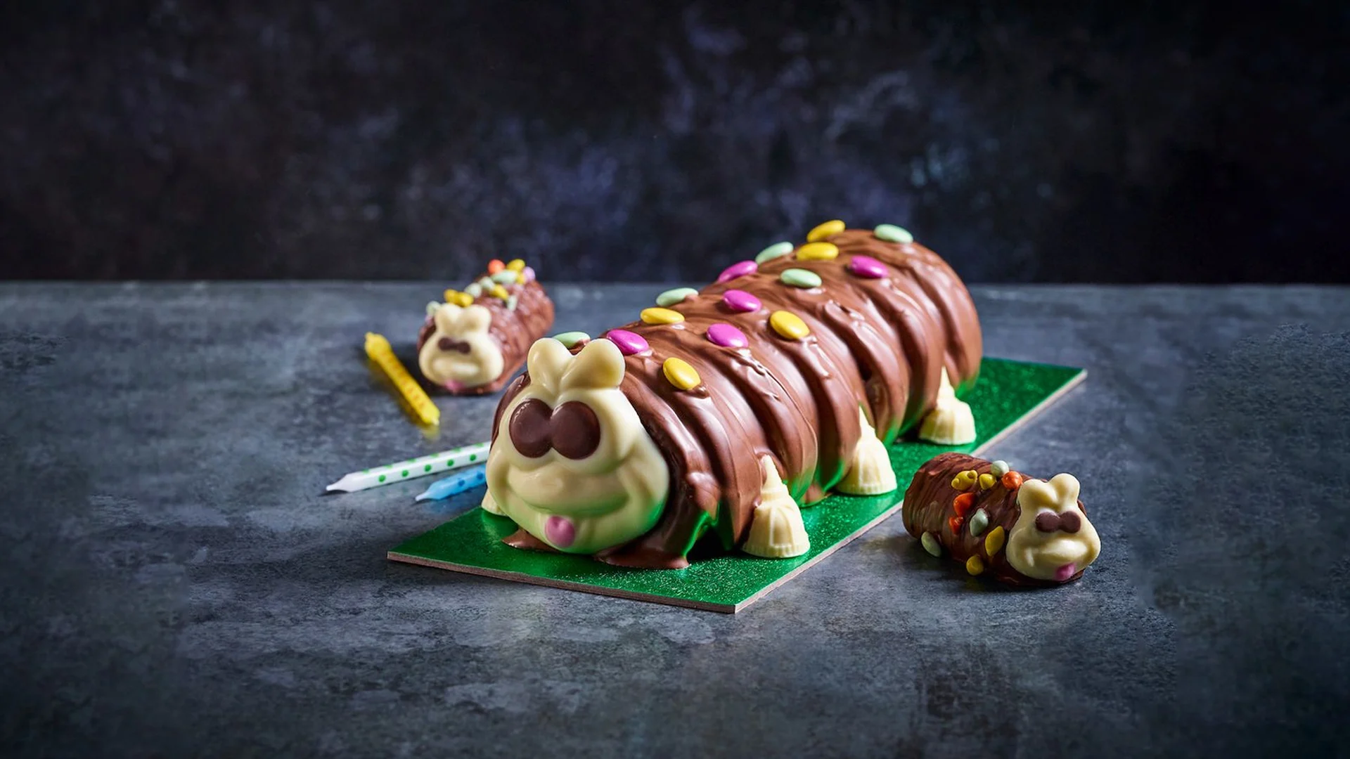A selection of chocolate catapillars, all of which vary in size.