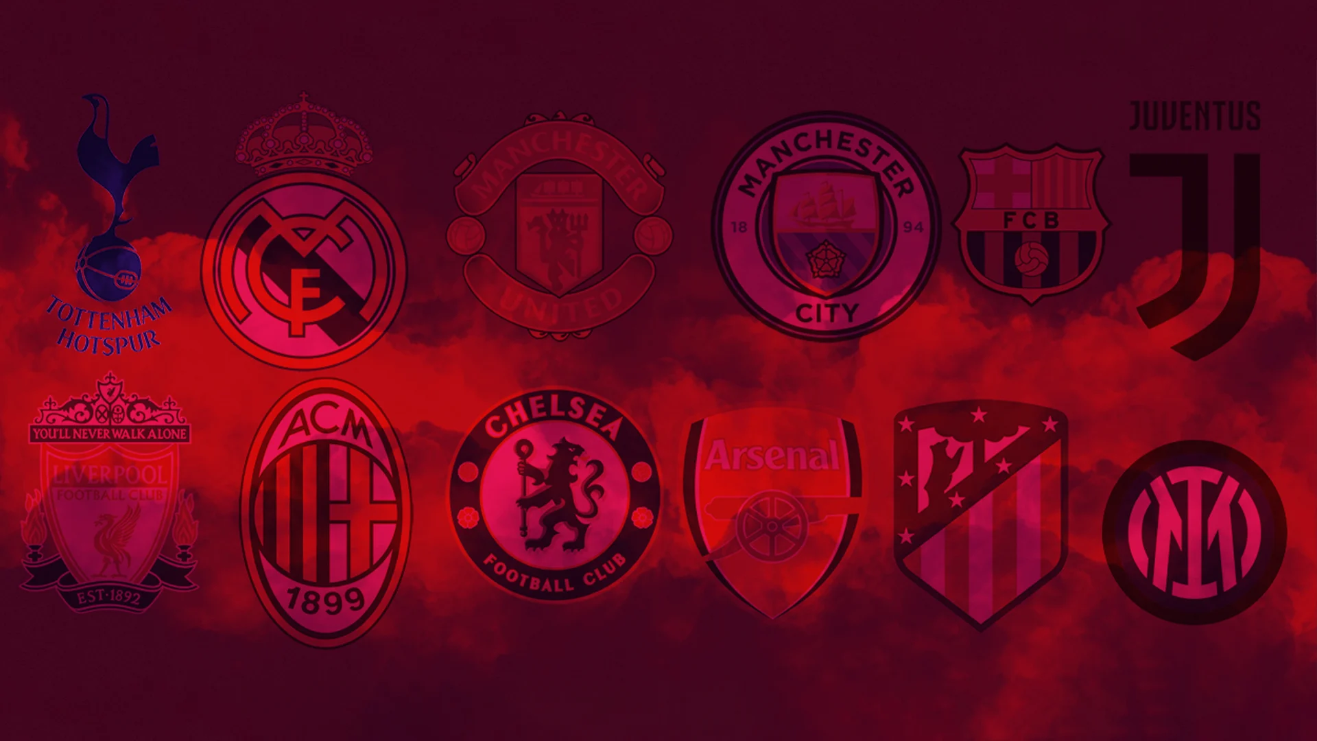 A various selection of Football crests displayed over a red cloud. The various clubs are those who were planning on joining The Super League, these being: Tottenham Hotspur, Real Madrid, Manchester United, Manchester City, Barcelona, Juventus, Liverpool, AC Milan, Chelsea, Arsenal, Athletico Madrid and Inter Milan.