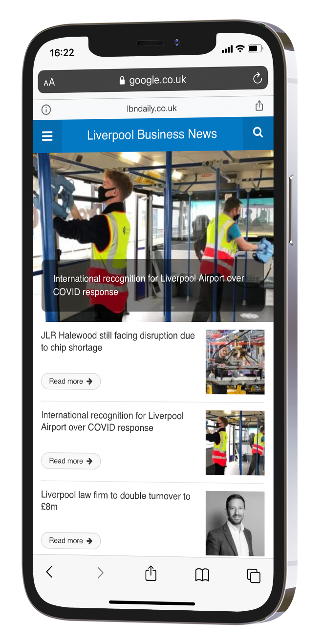 A screenshot of the Liverpool Business News interface displayed on an iPhone.