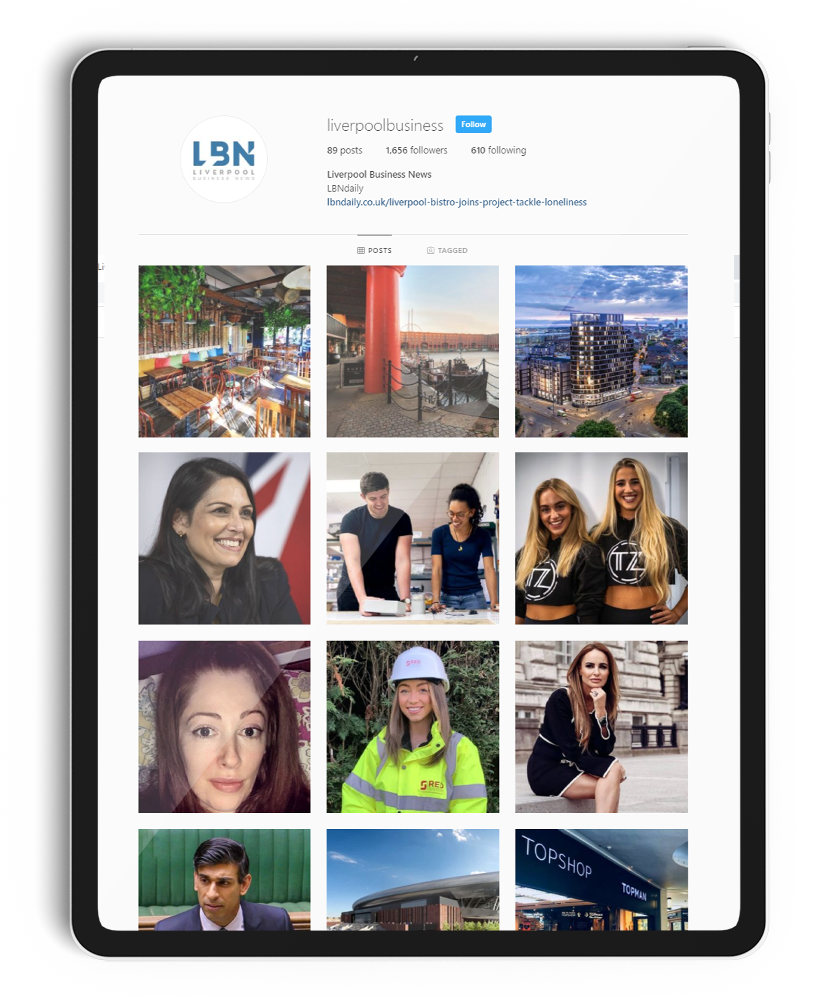 An iPad with the Liverpool Business News Instagram page.
