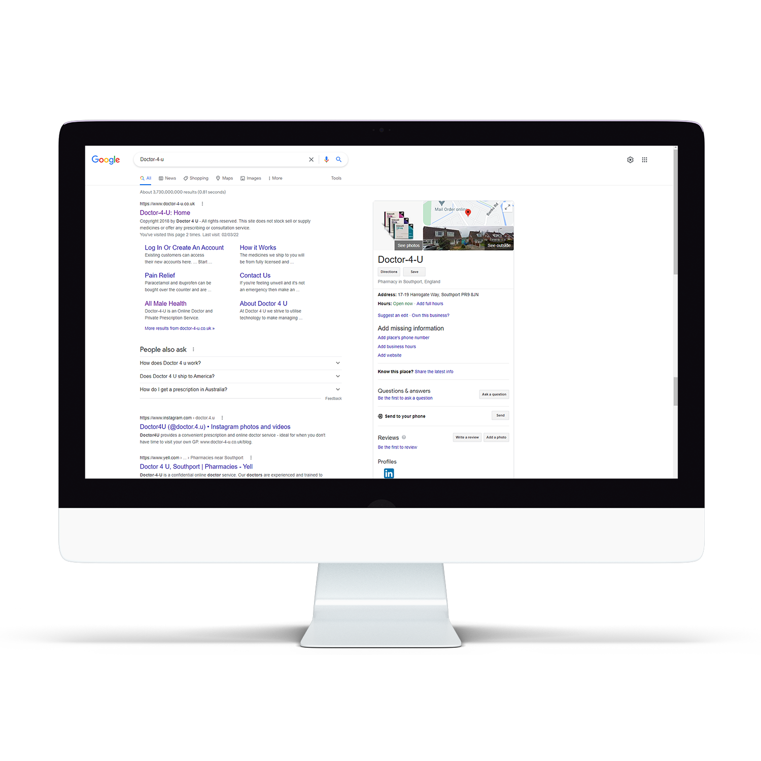 Mock up of an iMac screen with the Google search results page for Doctor4U