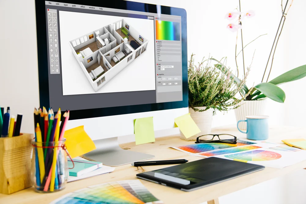 3D rendering of an office workspace on a desk competer with pens and colourful paper next to the computer
