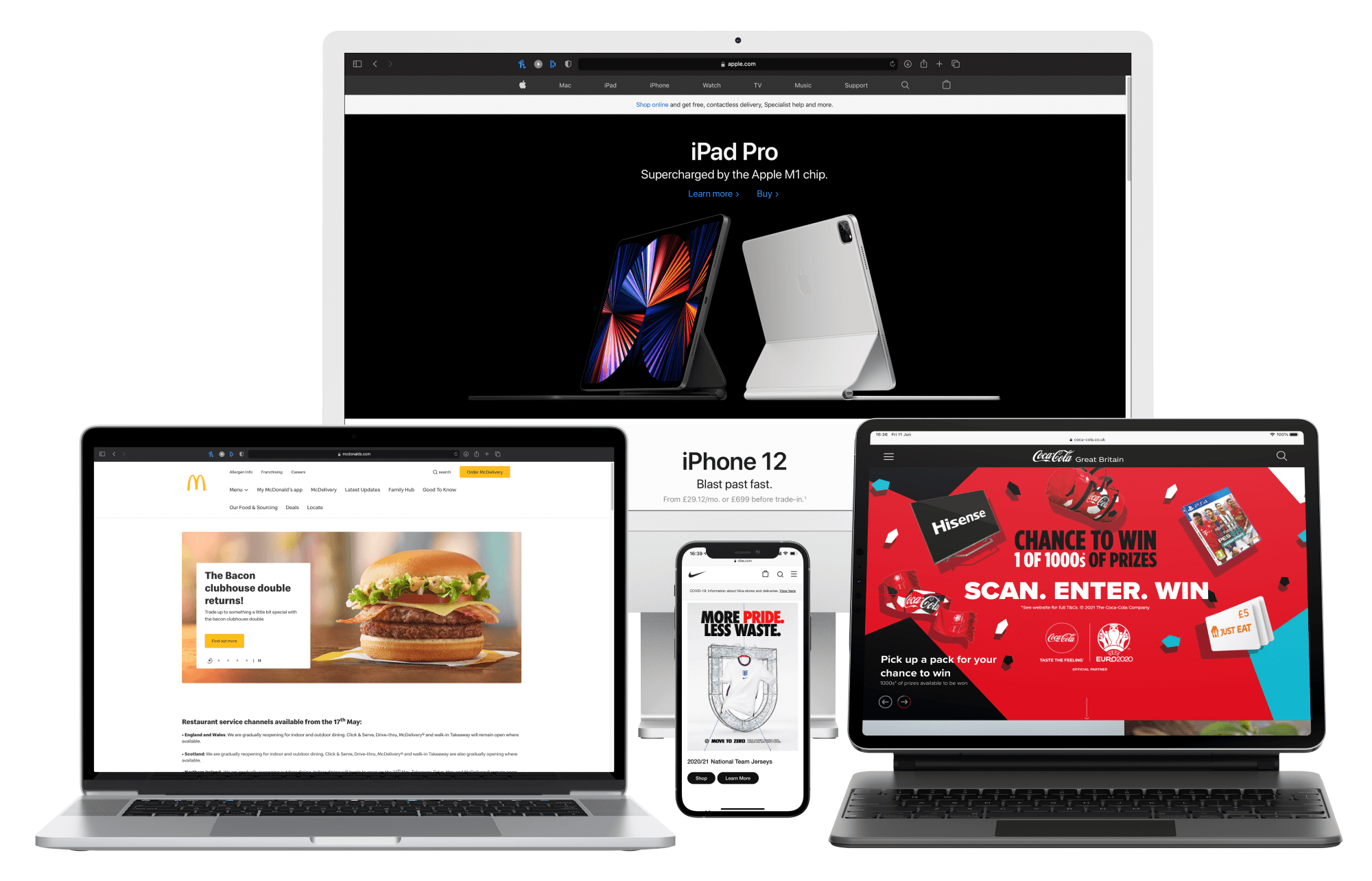 A selection of Apple computer products from iPhone, Mac and Macbook laptops. All with various famous brand website homepages such as Coca-Cola, Nike, McDonalds and the Apple website itself.