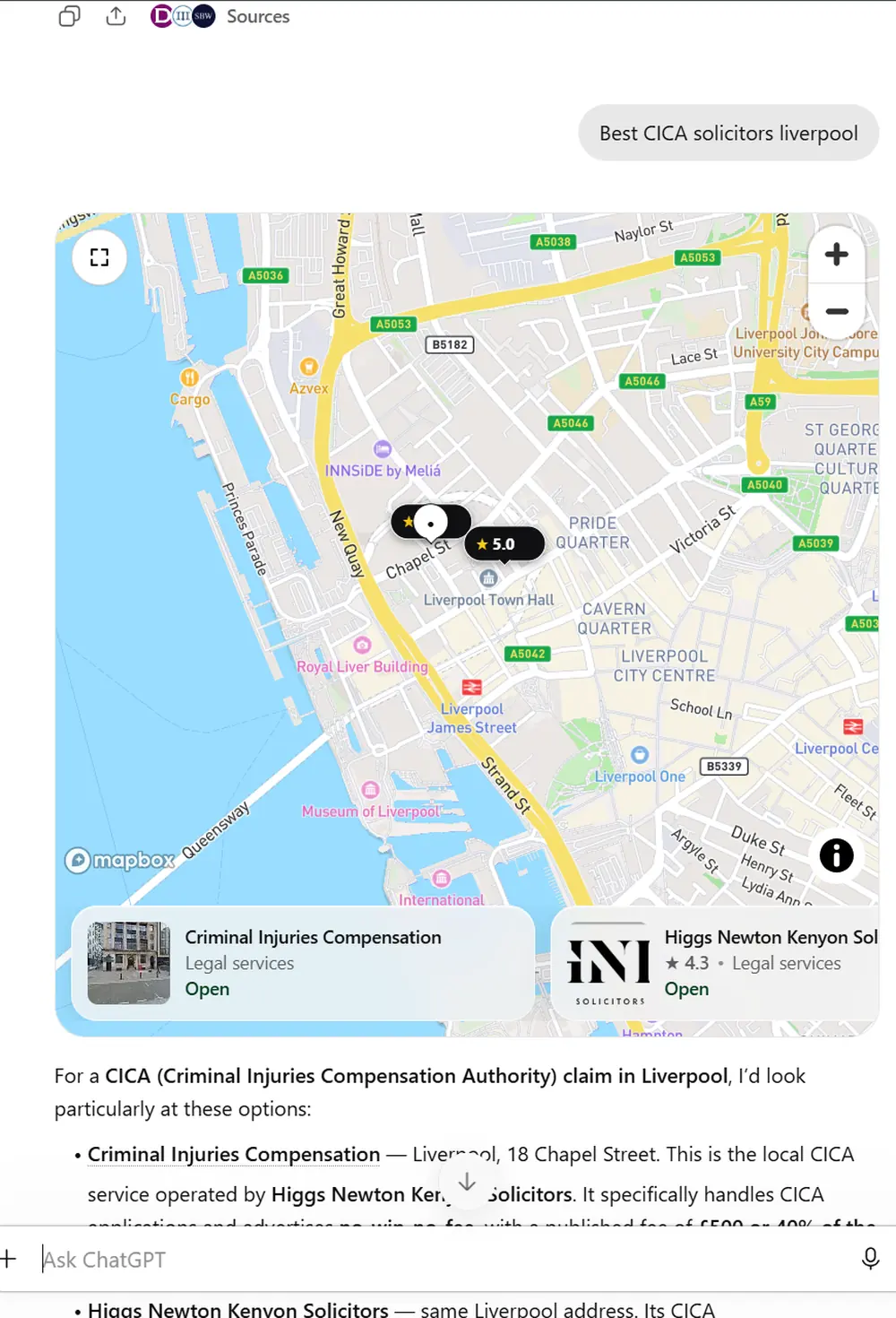 ChatGPT, asked for the best CICA solicitors in Liverpool