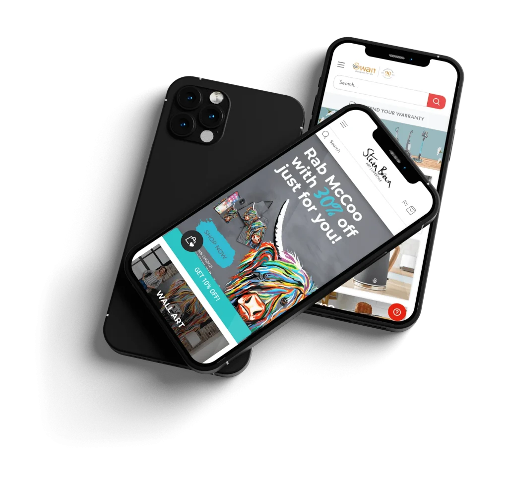 Three iPhones with 3 of the phones featuring a screenshot from the Steven Brown Art website, and the other features a Swan screenshot. Three iPhones with 3 of the phones featuring a screenshot from the Steven Brown Art website, and the other features a Swan screenshot.