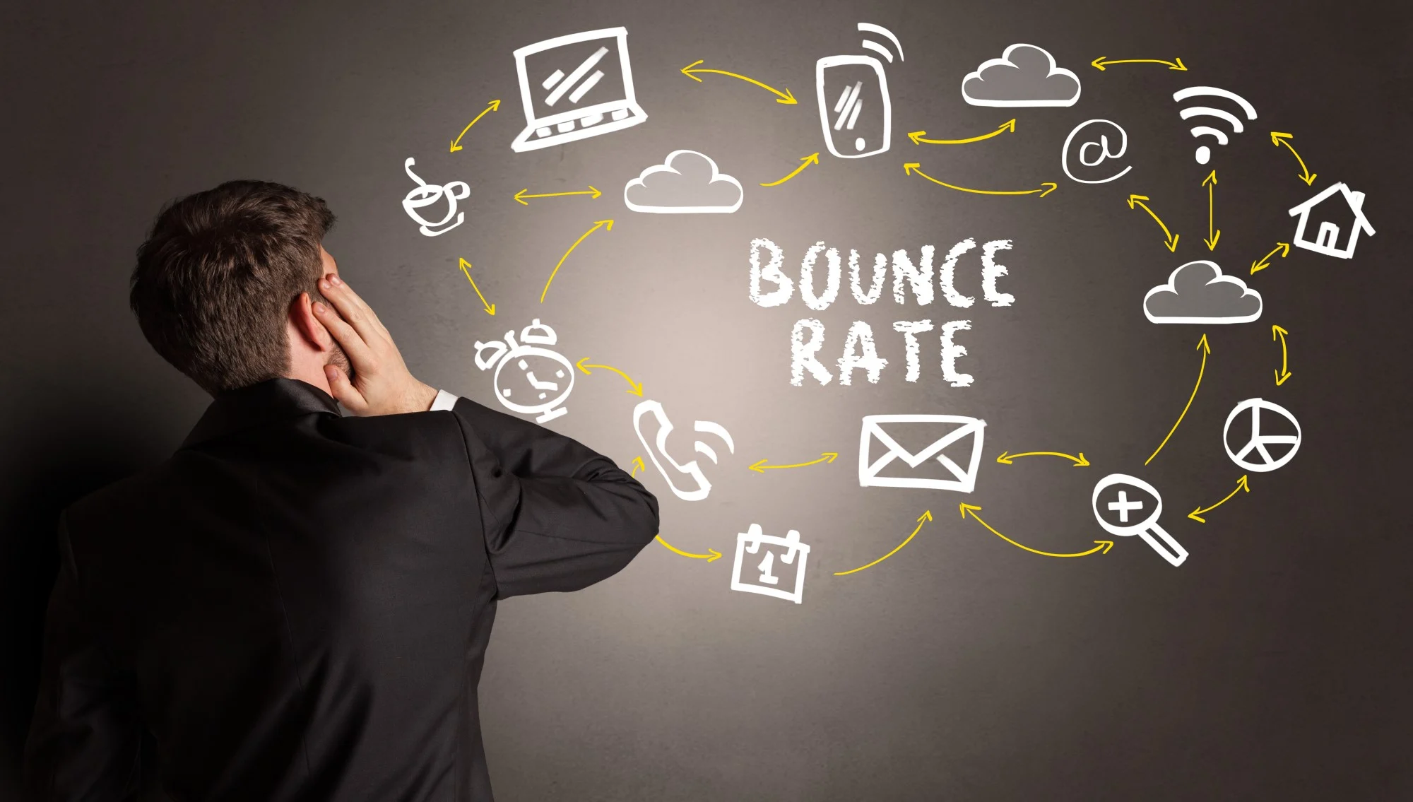 A person in a business suit confused as to what is bounce rate.